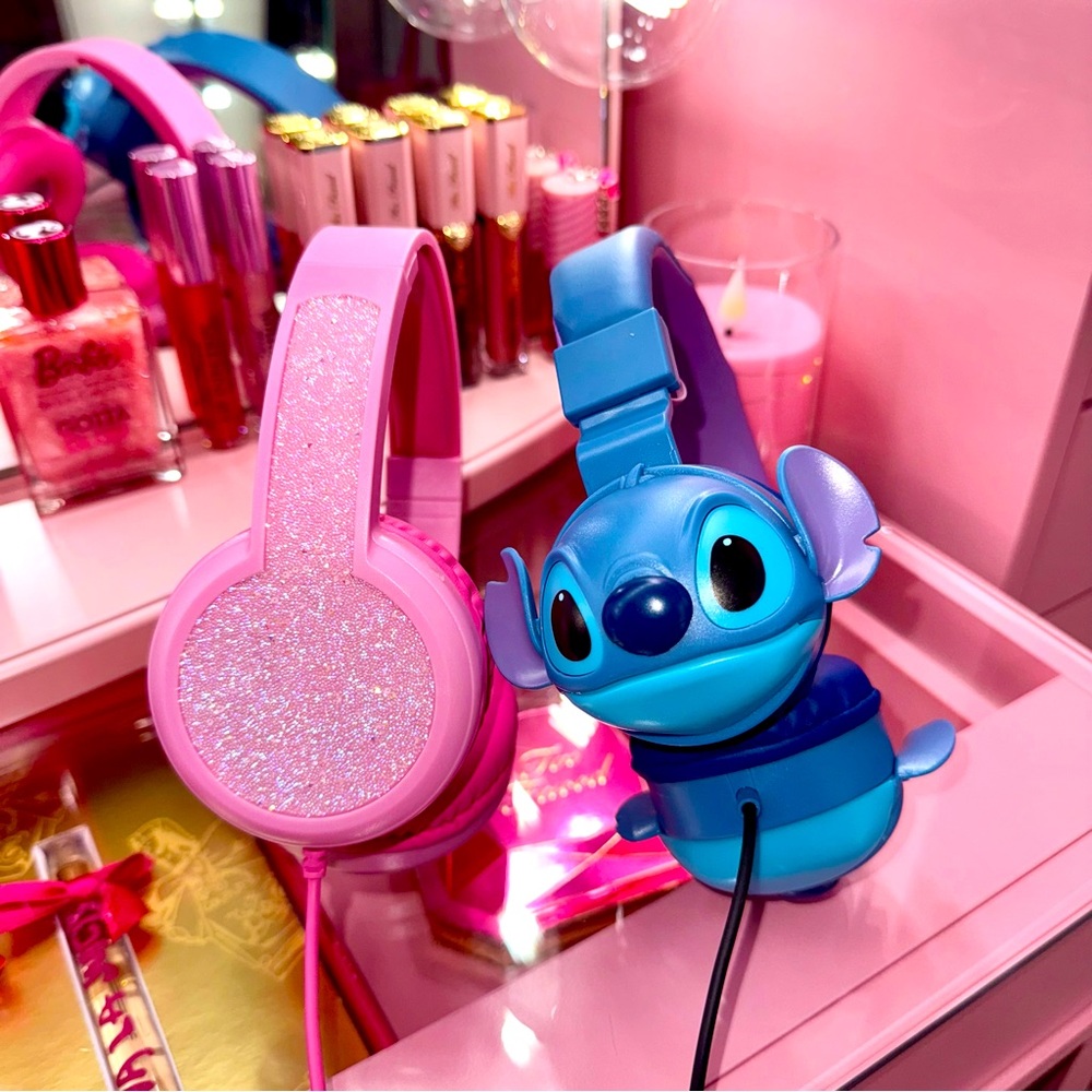 Kids Lilo & Stitch, Pink Glitter Bundle 3.5mm Cute Computer Cushioned Headphones